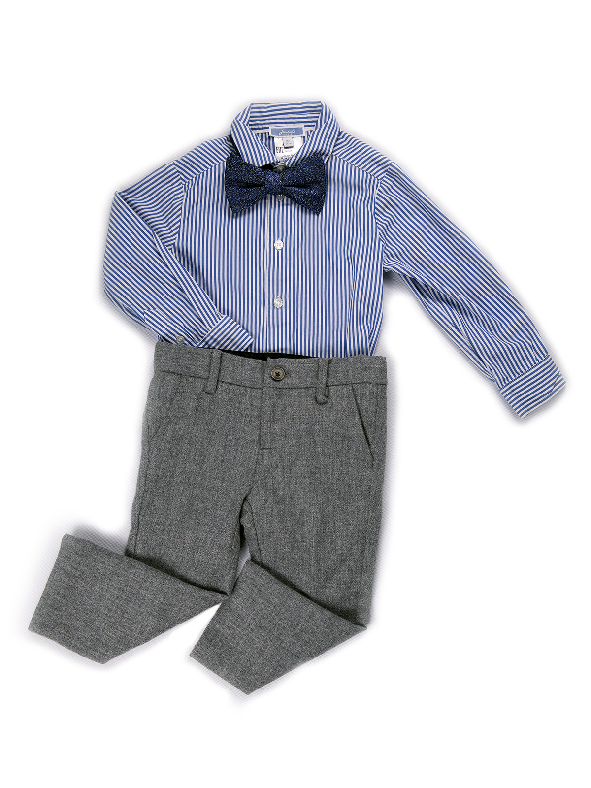 Blue Striped Shirt with Gray Trousers