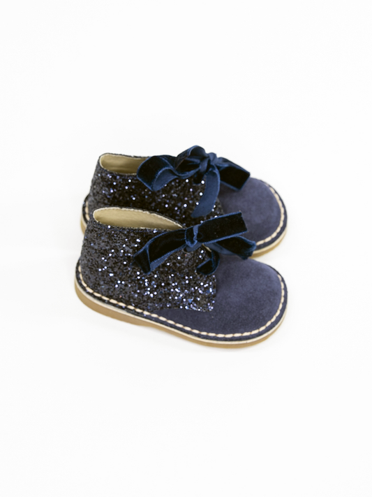 Girls' Navy Glitter Ankle Boots with Velvet Laces